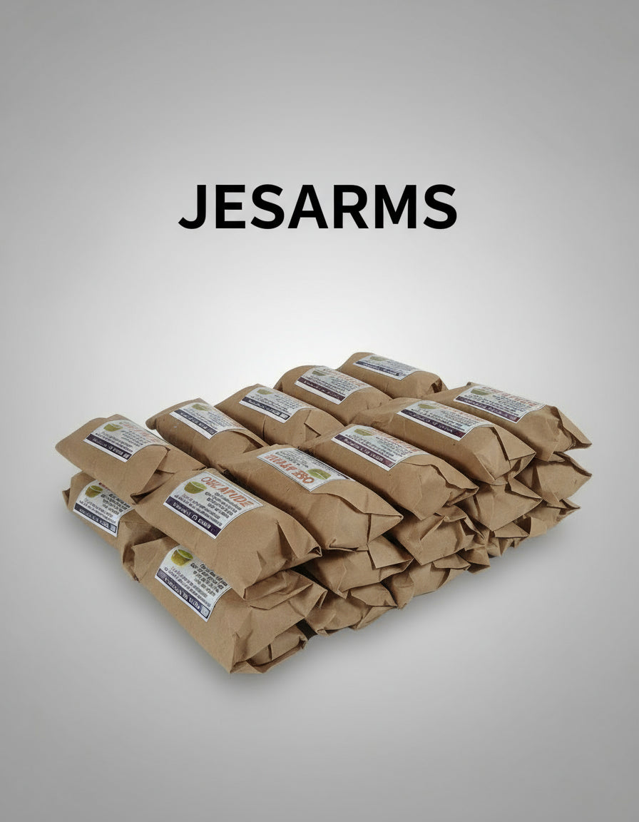 Brown paper packages with labels on a wooden surface