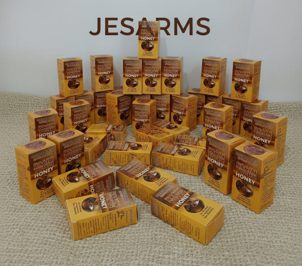 Boxes of Brain Tonic Honey stacked in front of a decorative sign with 'Jesus Saves' text.