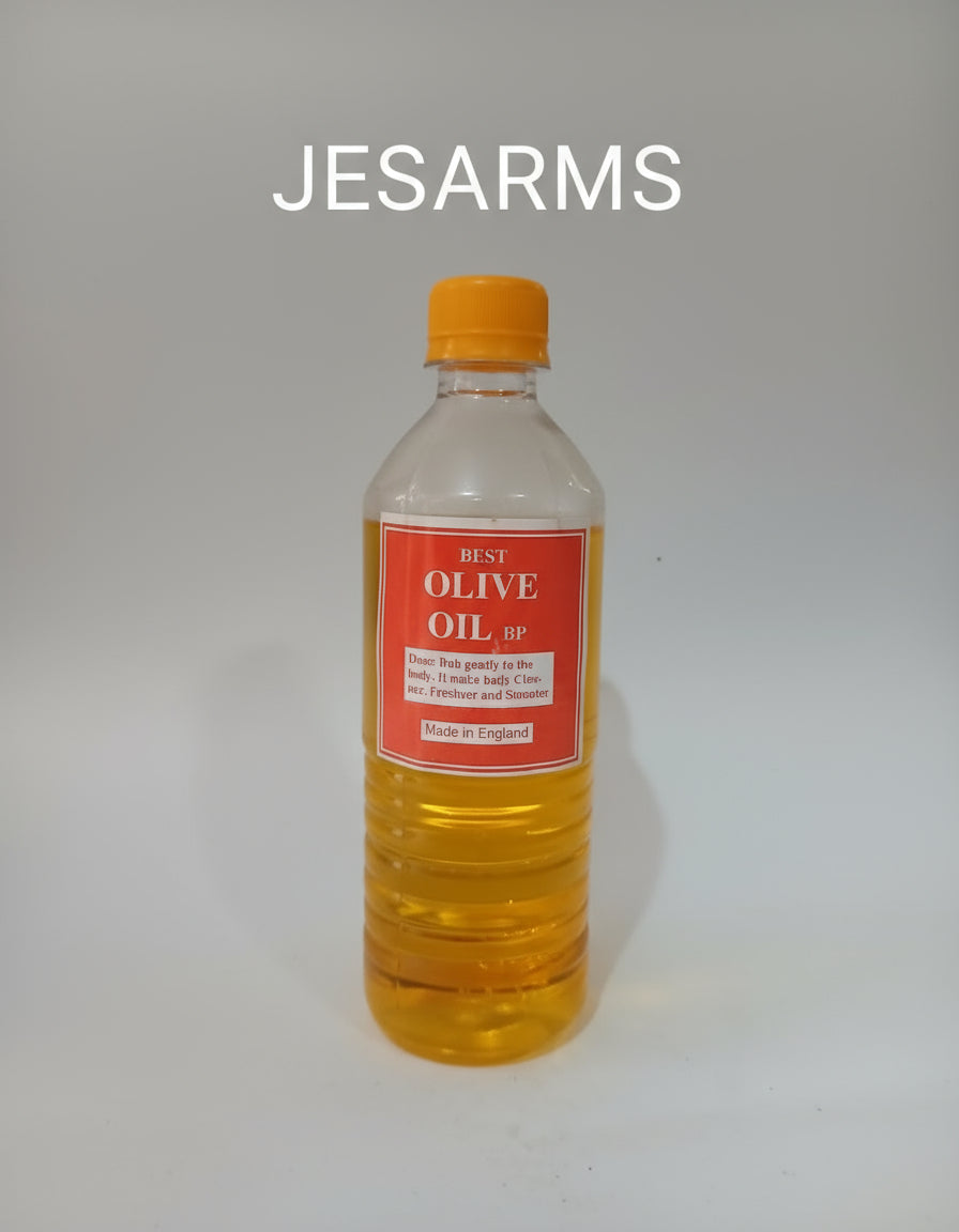 Bottle of olive oil with a red label in front of a decorative background with 'ESUS' text.