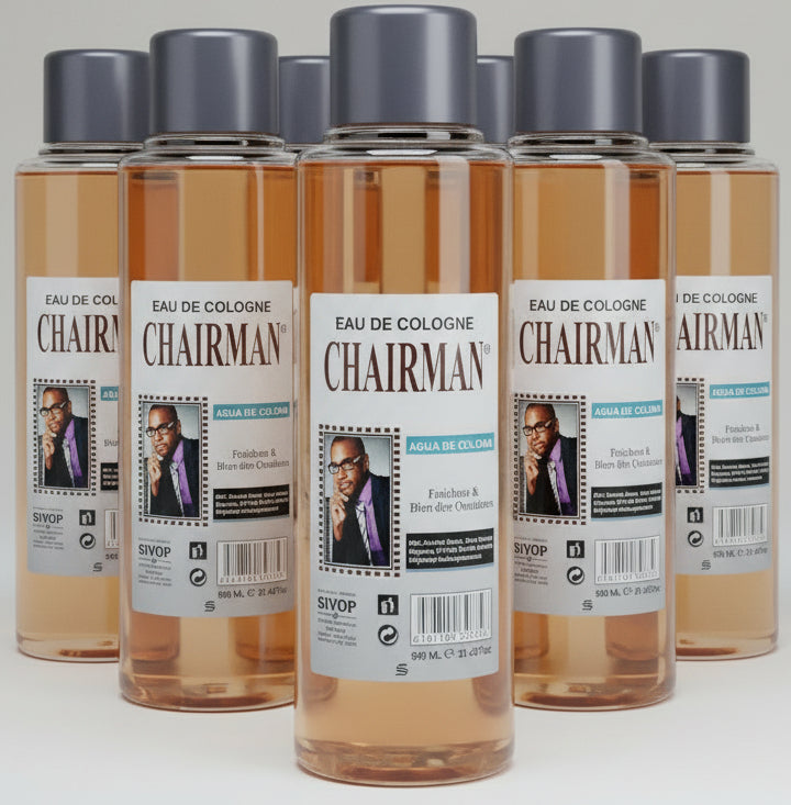 Bottle of Chairman cologne with a decorative background