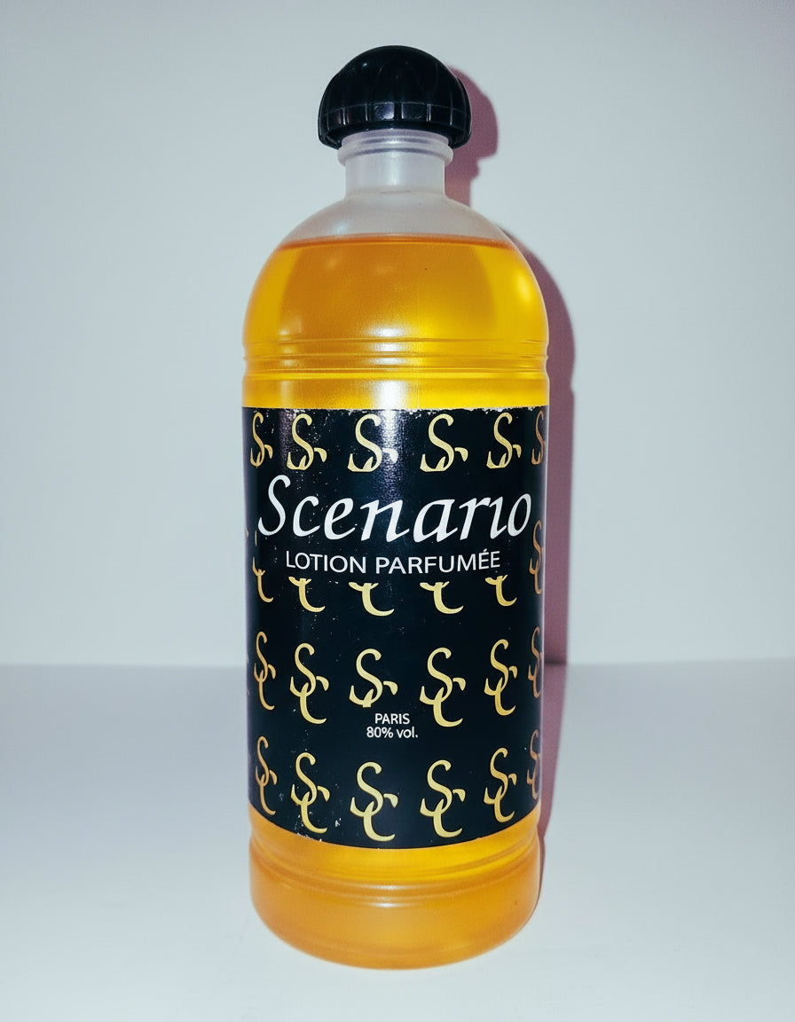 Bottle of Scenario Lotion Parfumée with a black cap on a white surface.
